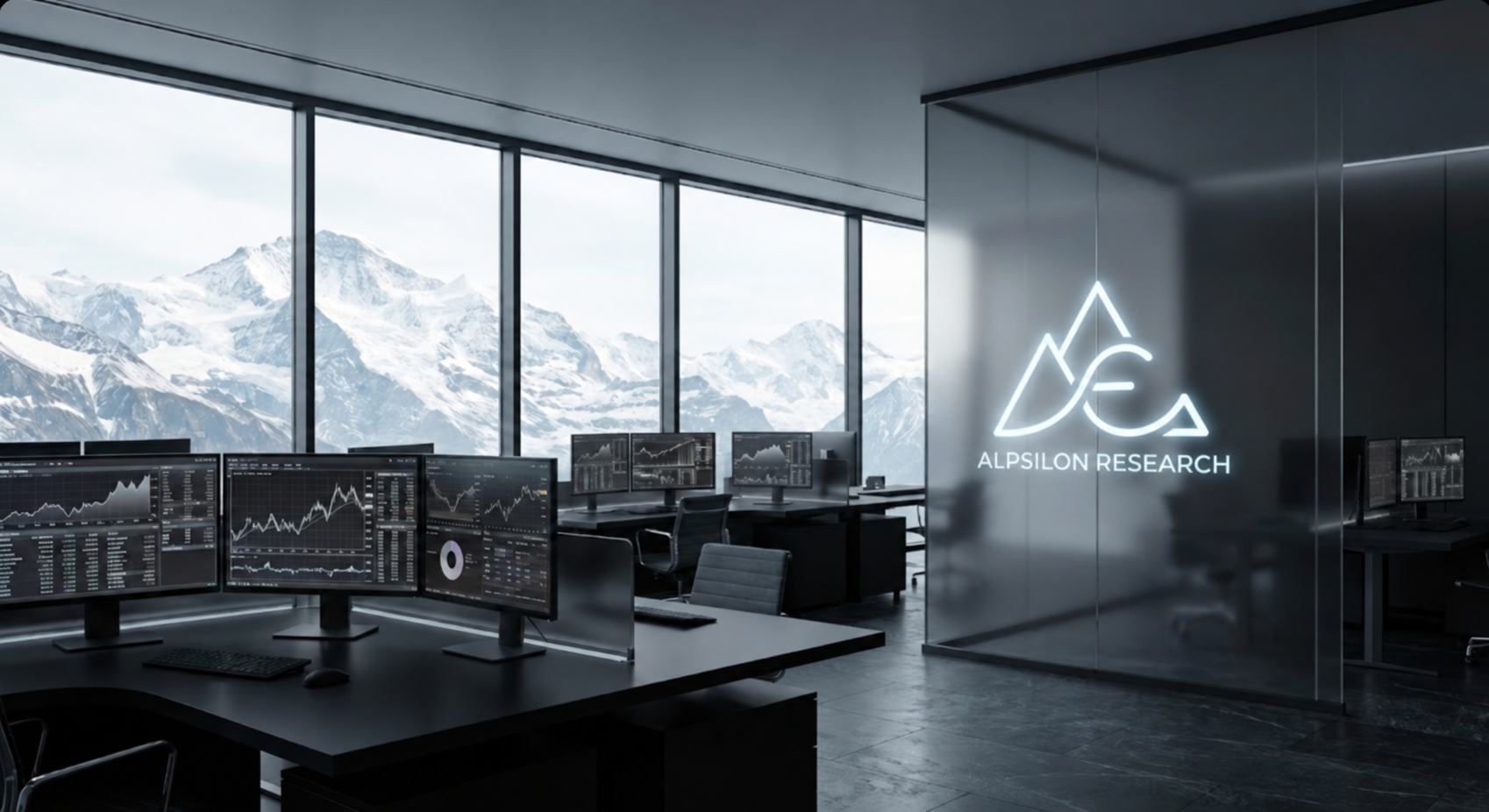 Brand visual concept of an Alpine research studio, not a photograph of an operating office